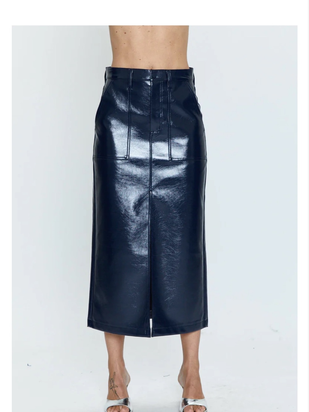 Vegan Leather Midi Skirt with Front Slit - Navy - Picture 2 of 9